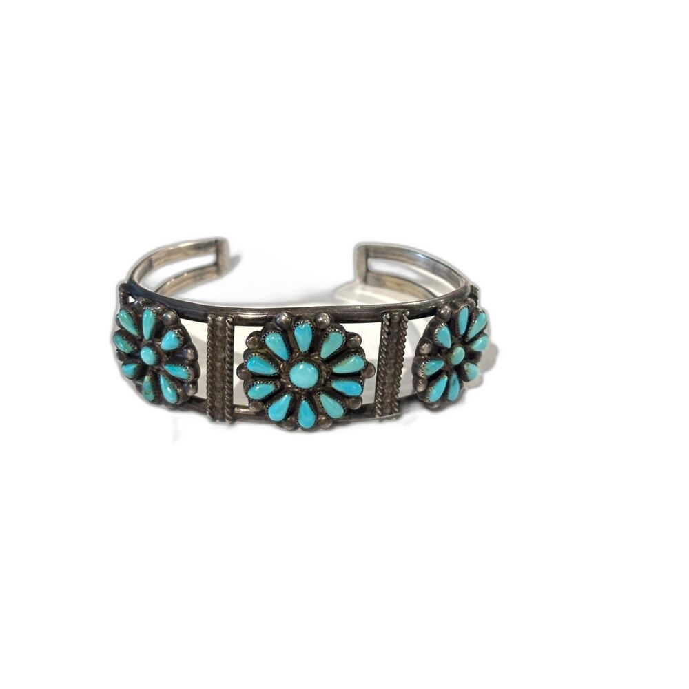 Vintage cuff bracelet floral turquoise ingot petite point silver cluster jewlery